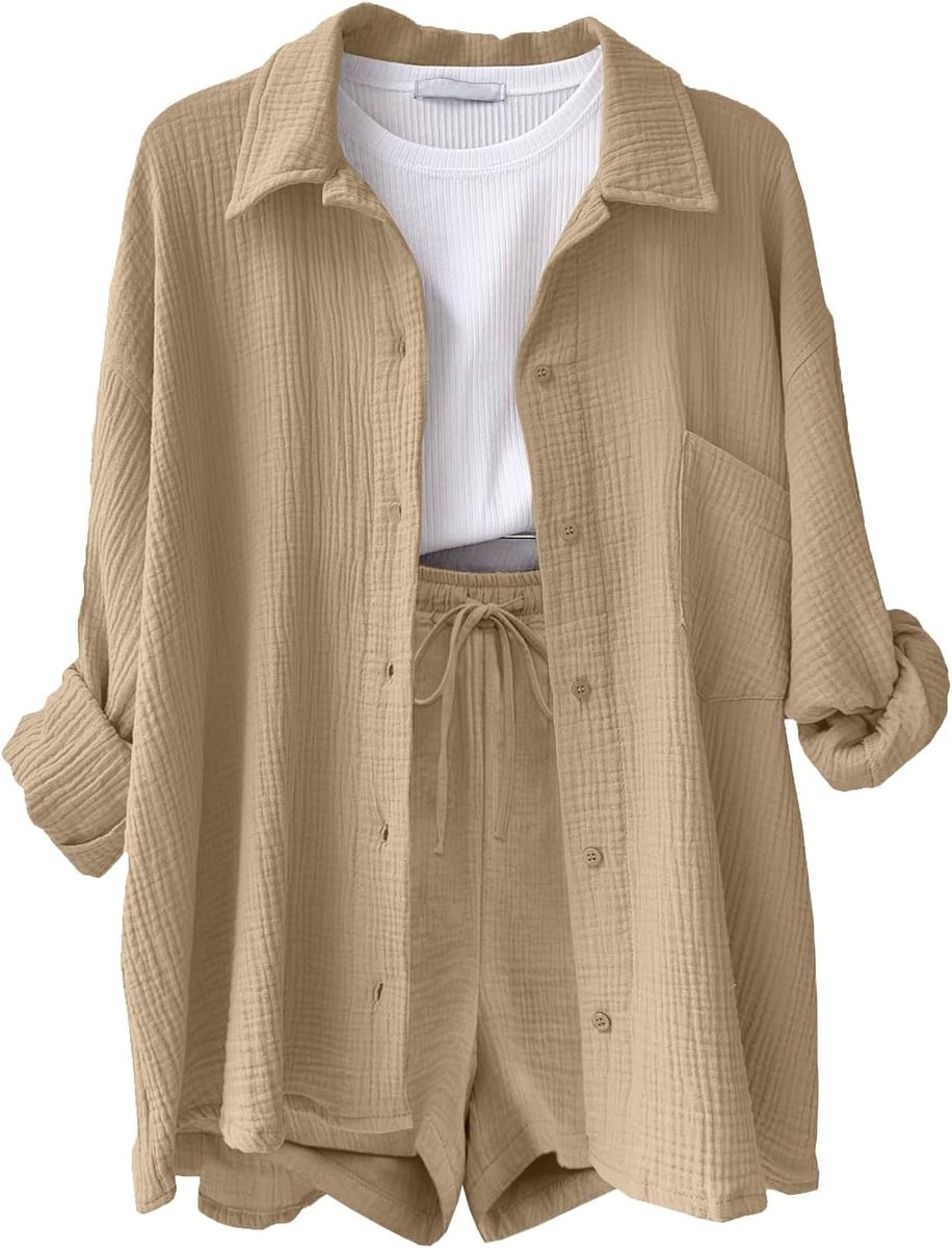 Casual 2-delige overallset voor dames, zomer, sets met korte mouwen van katoen en linnen, overhemden met knopen, mini-broek met trekkoord met hoge taille, set met zakken voor zomer en strand