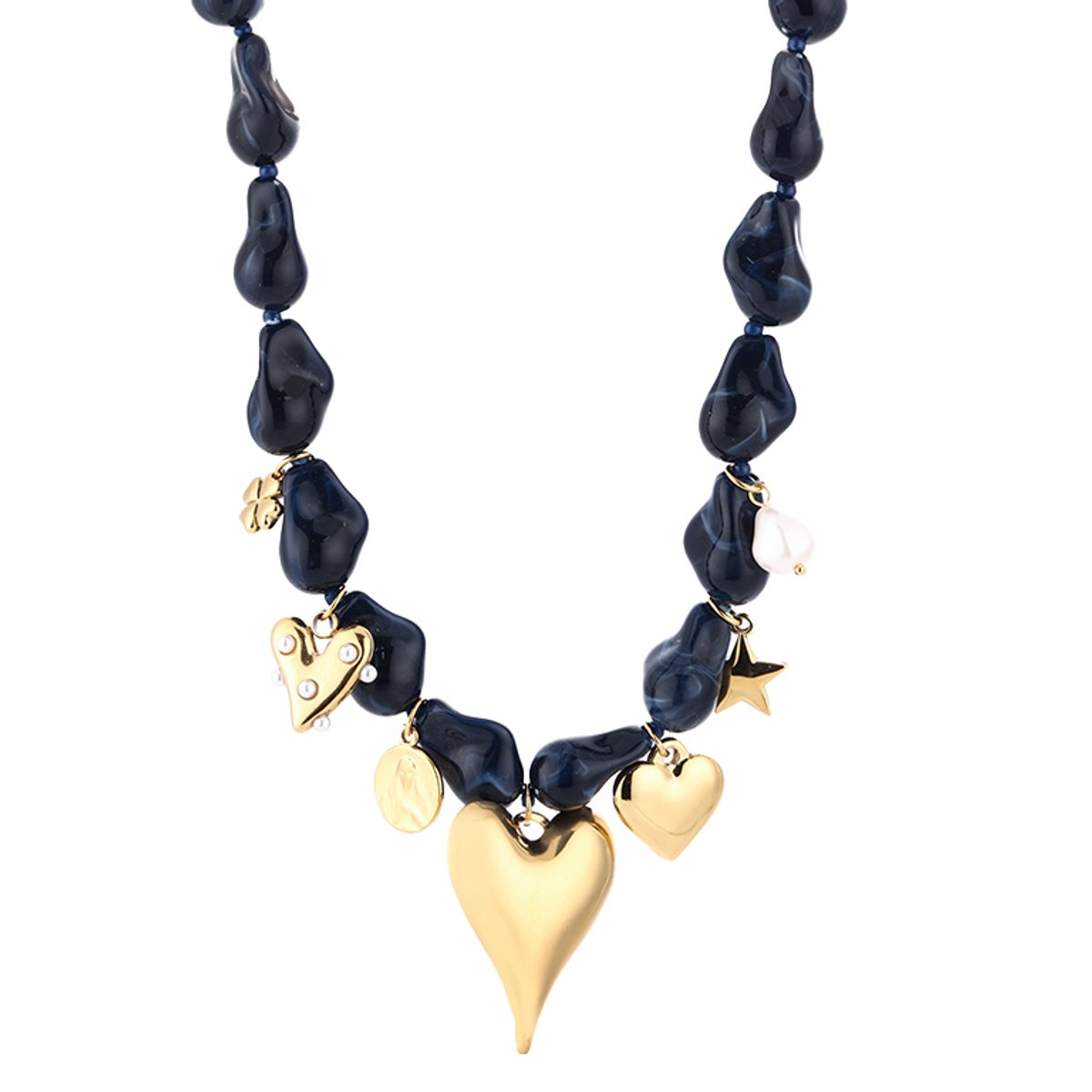 Irregular Bead Charms Necklace – Kralen Ketting met Bedels – RVS - Navy