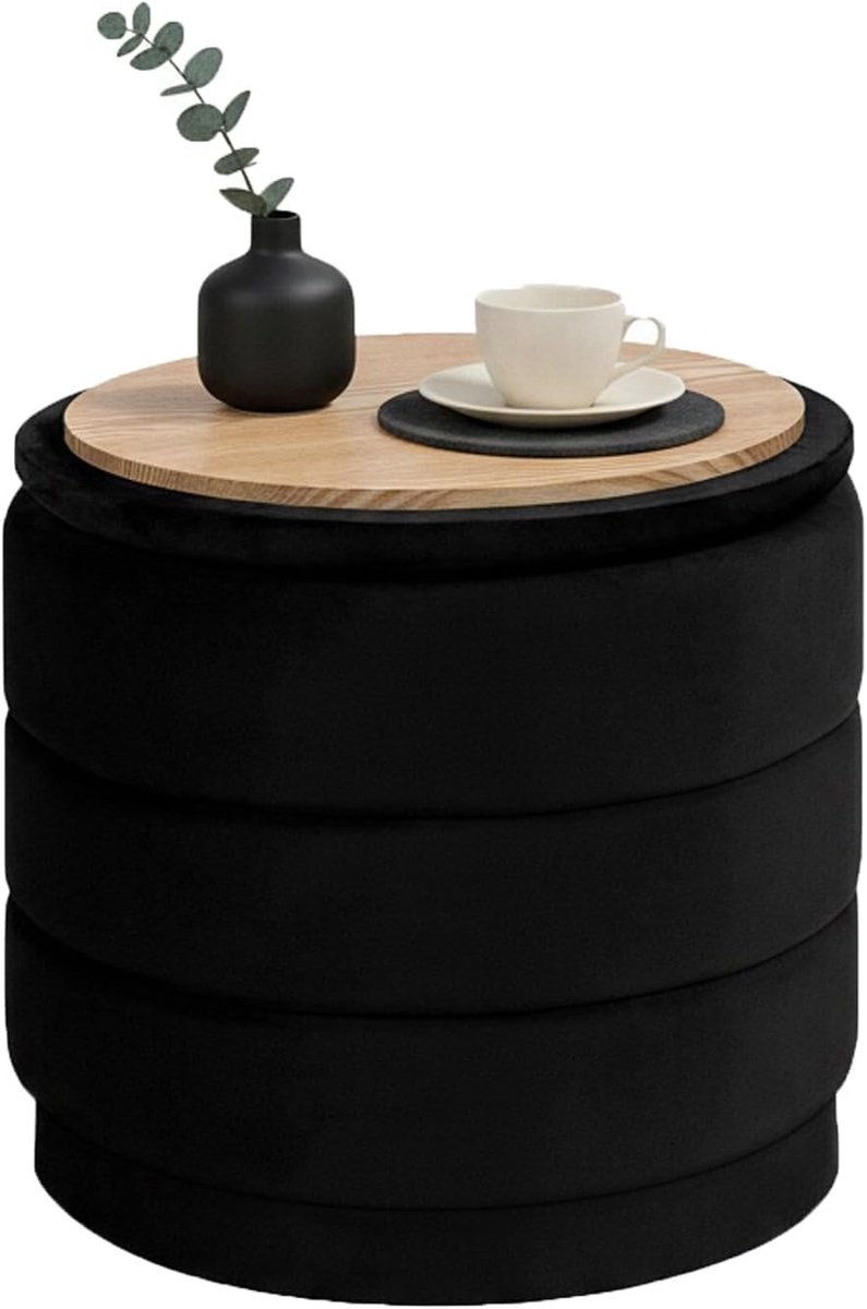 SnelShoppen - Ronde poef met deksel, inklapbare voetensteun en tafel, multifunctionele voetenbank voor woonkamer, slaapkamer, hal, zwart fluweel, 39 x