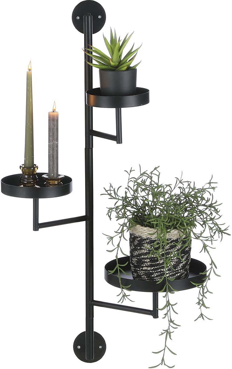 Mica Decorations Perry Wandrek Zwart - Metalen Wandrek met Ronde Plateaus voor Planten en Servies - Industrieel Design voor Elk Interieur - L30 x B23 x H80 cm - Zwart