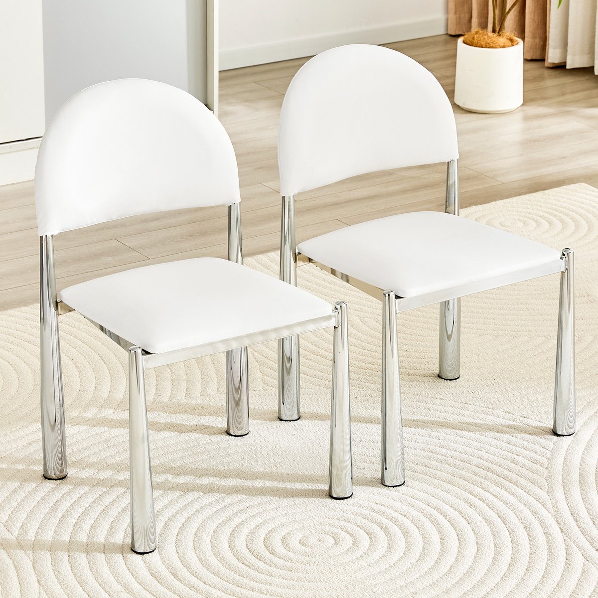 Eetkamerstoelen - Set van 2 - Moderne Eetkamerstoel Set - Gestoffeerde Eetkamerstoel - Halfronde Rugleuning - PU Leren Stoel - Keukenstoel - Woonkamerstoel - Eetkamerstoel met Metalen Poten - Stoel voor Eetkamer en Keuken - Wit