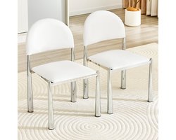Eetkamerstoelen - Set van 2 - Moderne Eetkamerstoel Set - Gestoffeerde Eetkamerstoel - Halfronde Rugleuning - PU Leren Stoel - Keukenstoel - Woonkamerstoel - Eetkamerstoel met Metalen Poten - Stoel voor Eetkamer en Keuken - Wit