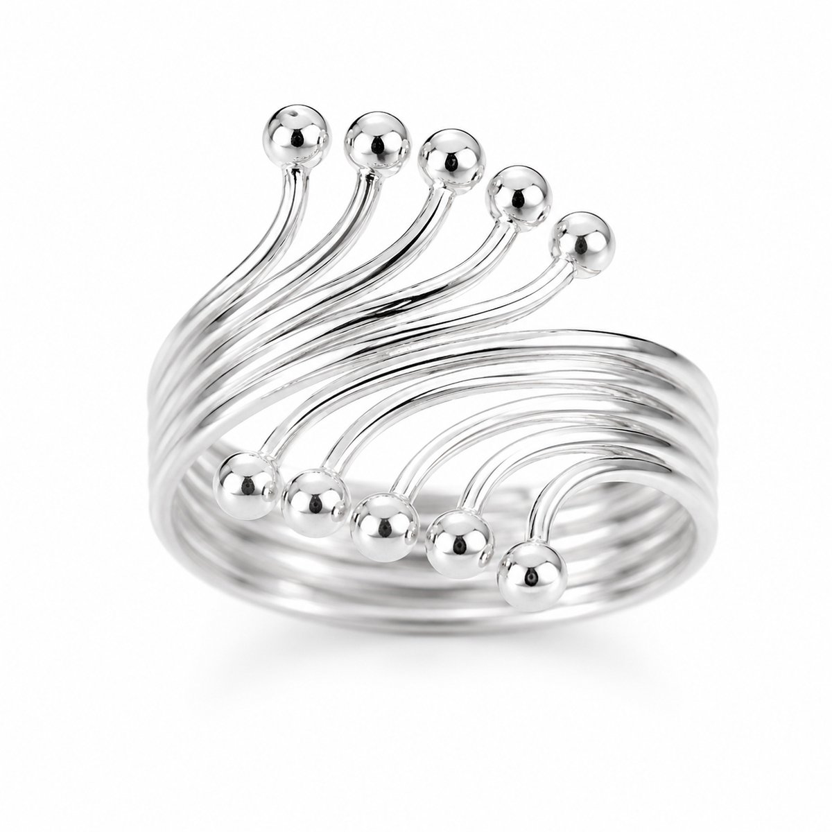 Zilveren Damesring met Bolletjes - 20 mm - Elegant Design - Verstelbare Spiraal Ring - Zilver