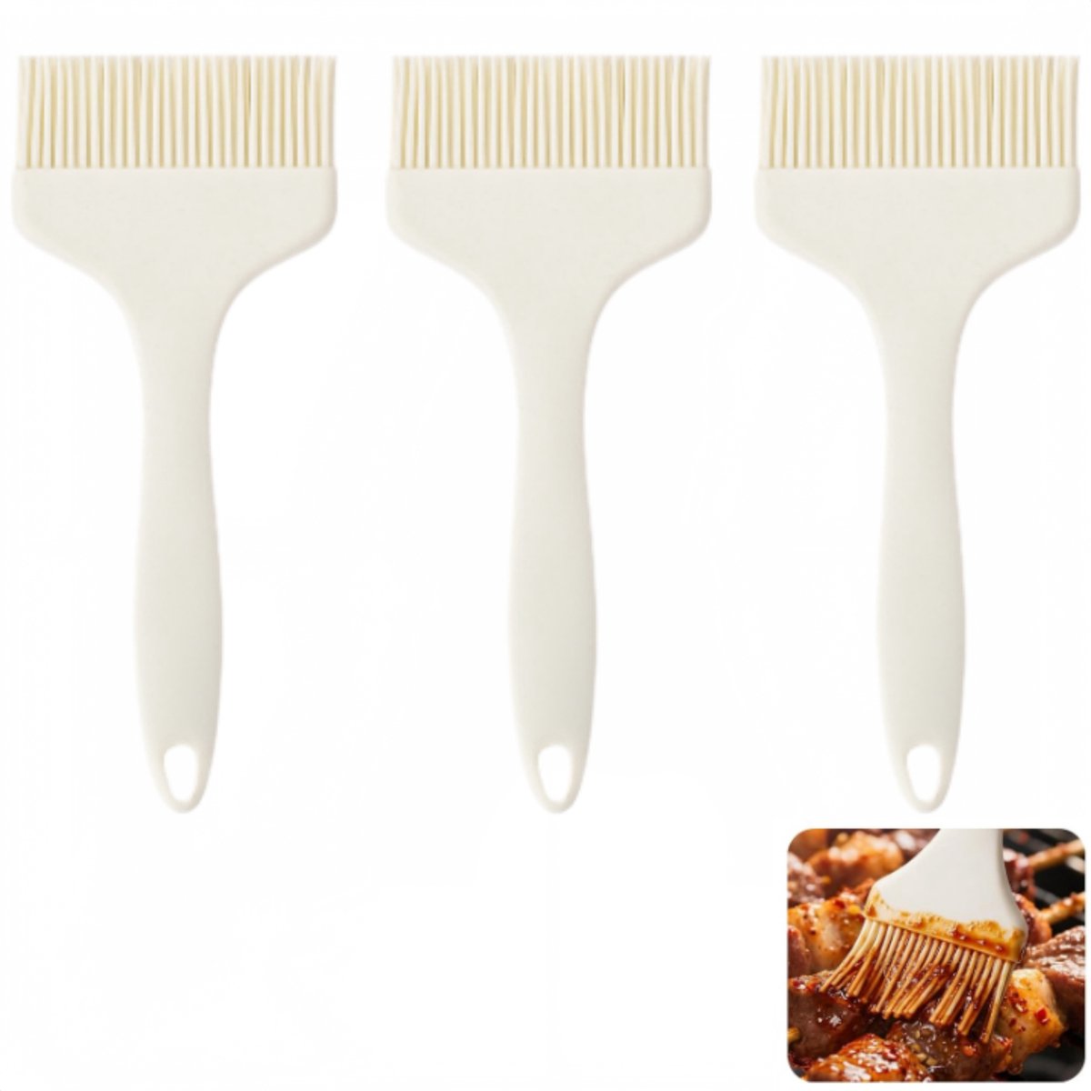 3 stuks – Siliconen oliekwast – Brede oliekwast – Grote siliconen kookkwast – Keukengadget – Siliconen haren – Gebroken wit – 9 x 21 cm – Geschikt voor het aanbrengen van olie, boter, sauzen en marinades