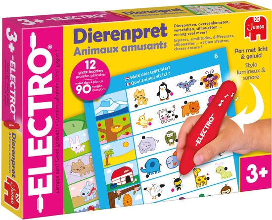 Un stylo rouge 'Electro' pointe vers une carte avec divers animaux et leurs silhouettes. La boîte affiche 'Dierenpret'.