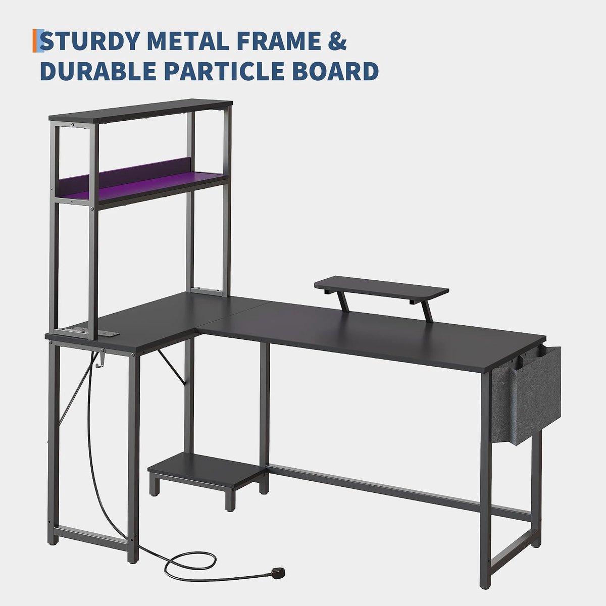L-Vormig Game Bureau met LED Verlichting - Hoekbureau met Ingebouwd Stopcontact & USB - Computerbureau met Monitorverhoger, Lade en Opbergtas - 124x100x148 cm - Zwart thumbnail 4