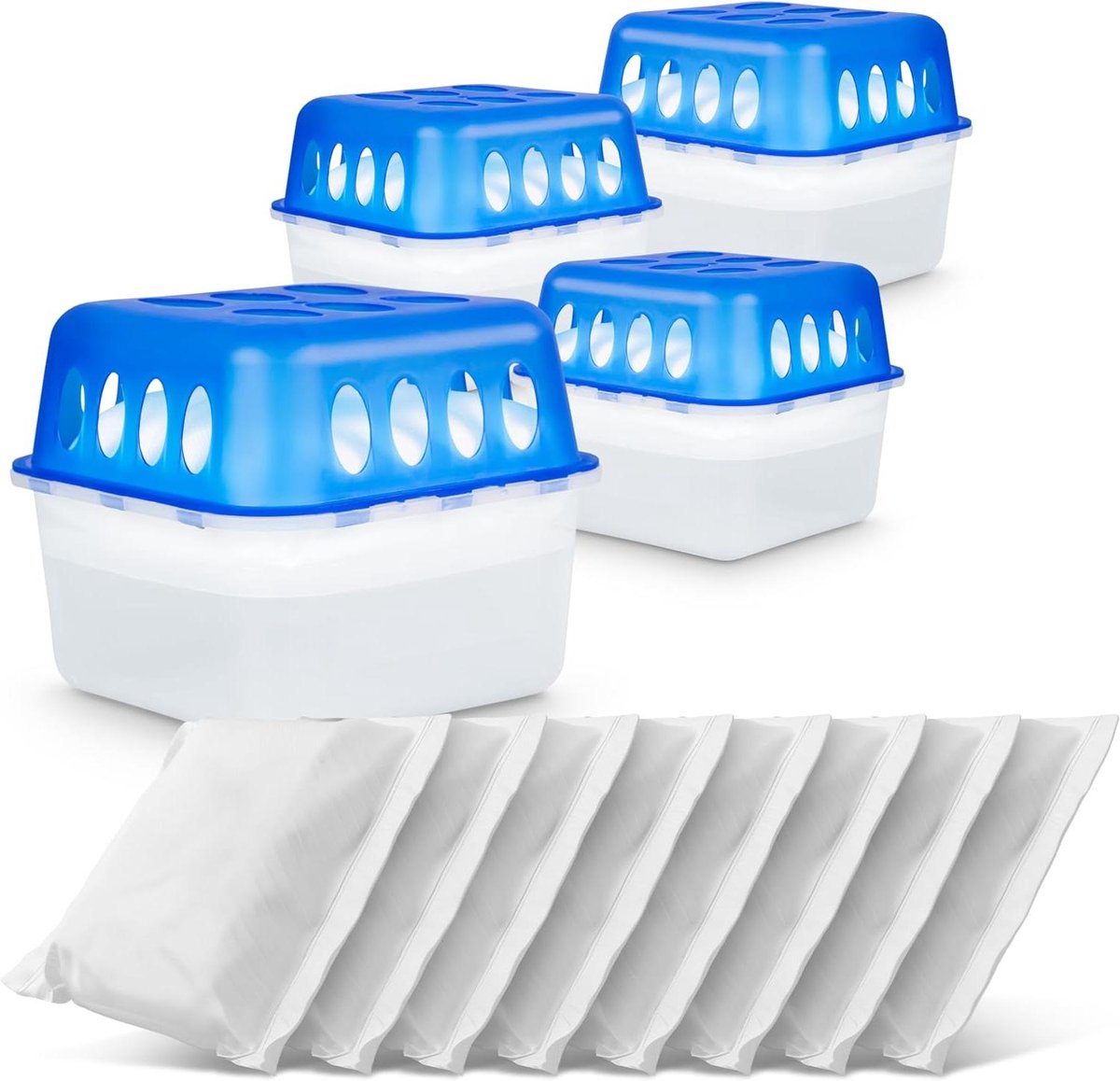 Luchtontvochtiger Vochtstopper - Vochtvreter Navulbaar - Vocht Bestrijden - Stroomloos Werking - 4 Sets + 8 Navullers - Blauw Wit