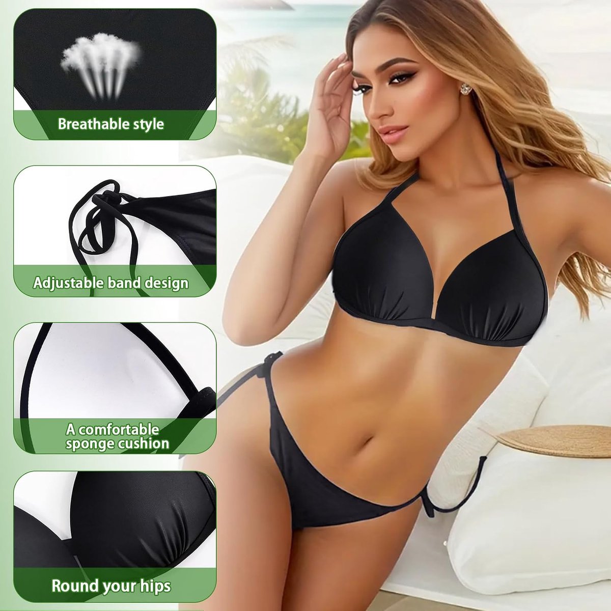 bikiniset, sexy triangel-bikinitop met zijdelingse stropdas, push-up badpak voor dames