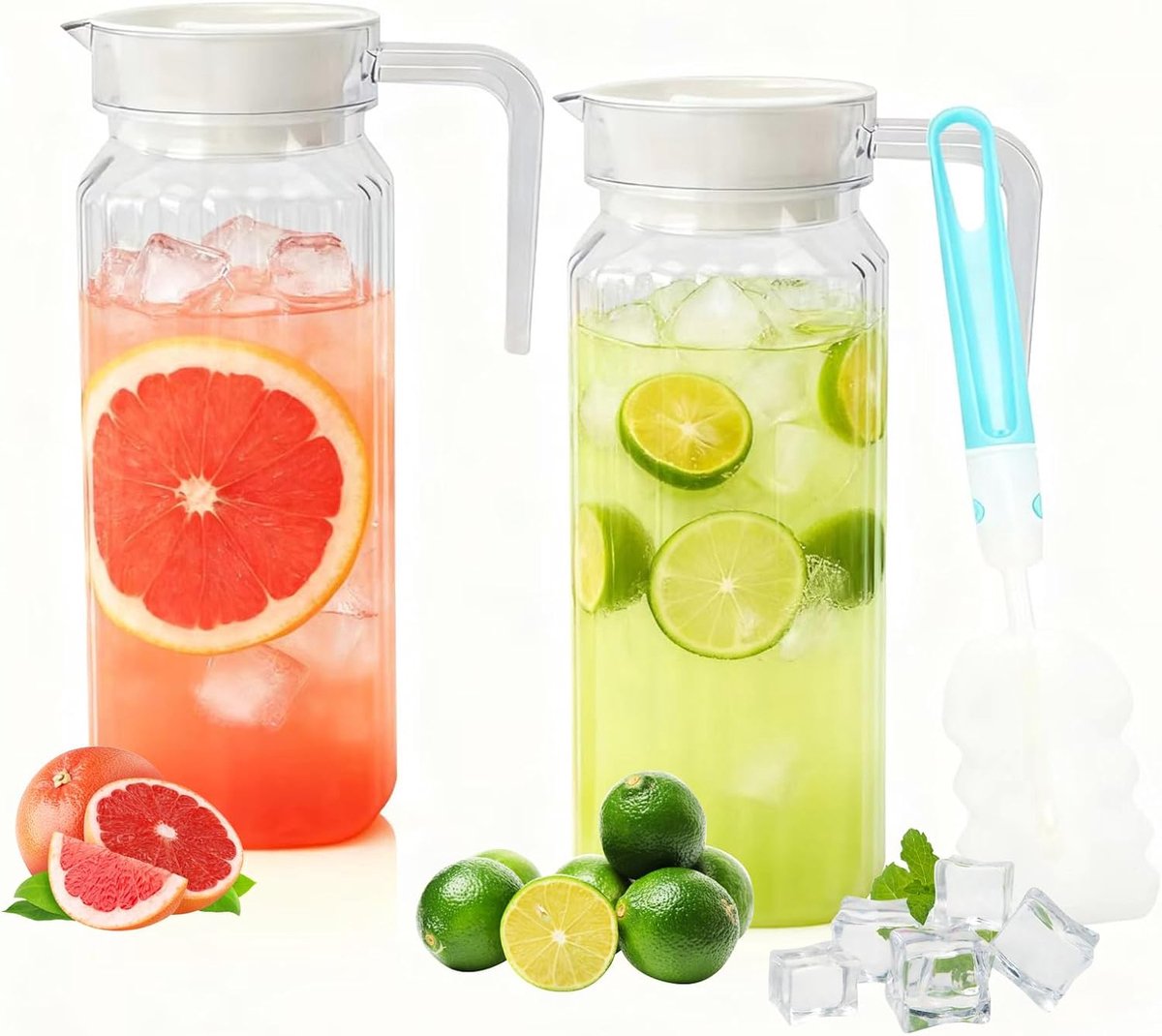 Waterkaraf met deksel, 1,1 l, transparante waterkan met bekerborstel, acryl karaf met handvat, onbreekbare waterkaraf, waterkaraf voor sap, ijsthee, limonade, melk, dranken, 2 stuks