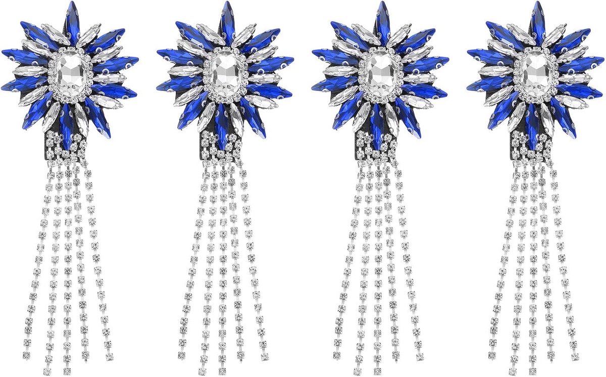 4 kristallen applicaties met strass-steentjes, 11 x 4 cm, kristallen franjes, schouderstrepen met kwasten, om op feestjurken te naaien, kleding, saffierblauw