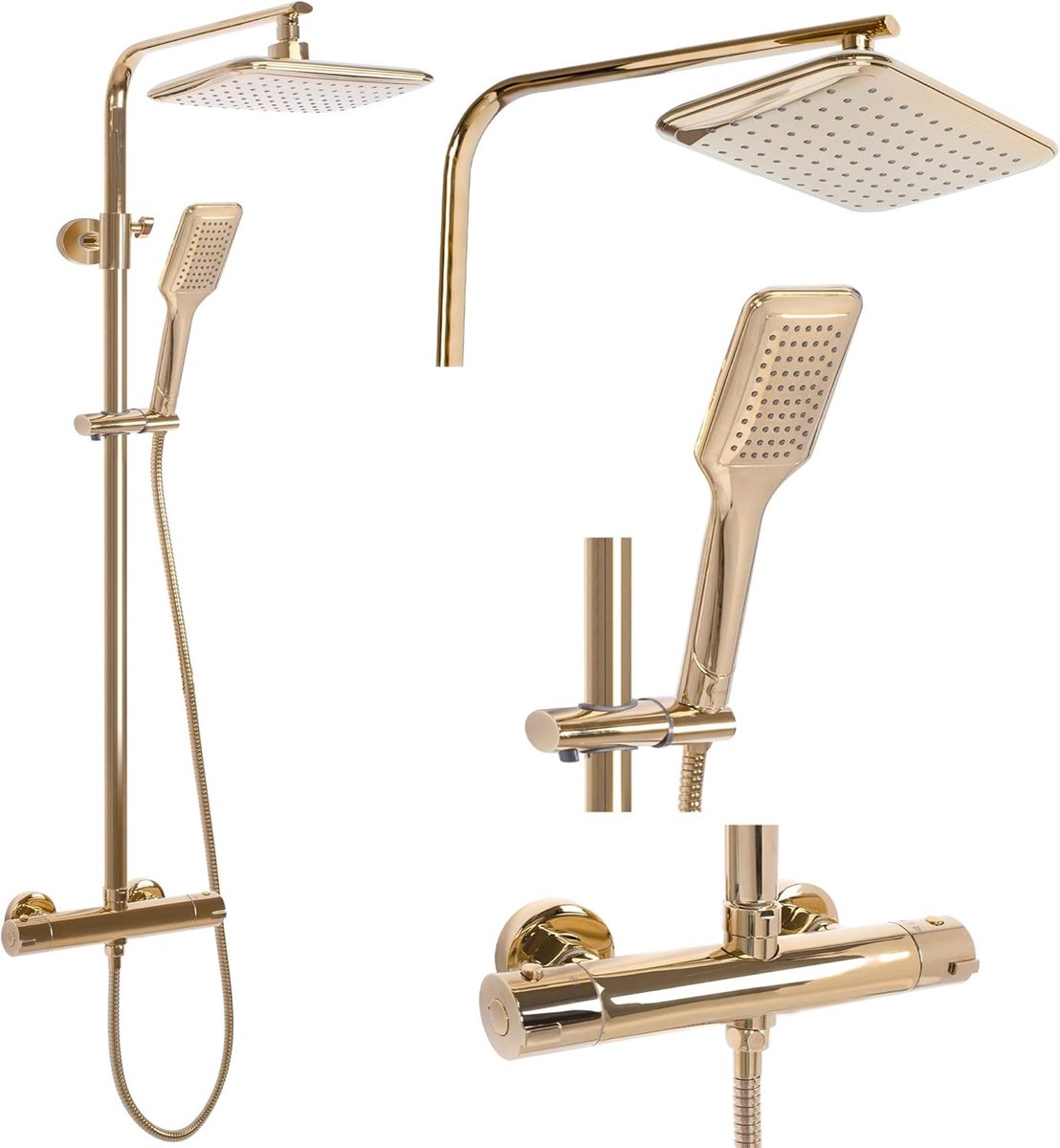Regendoucheset Goud met Thermostaatkraan – Hoofddouche 25 x 17 cm – Handdouche – 150 cm Slang