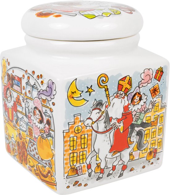 Witte voorraadpot met illustraties van Sinterklaas op een paard en een Piet bij een grachtenpand.