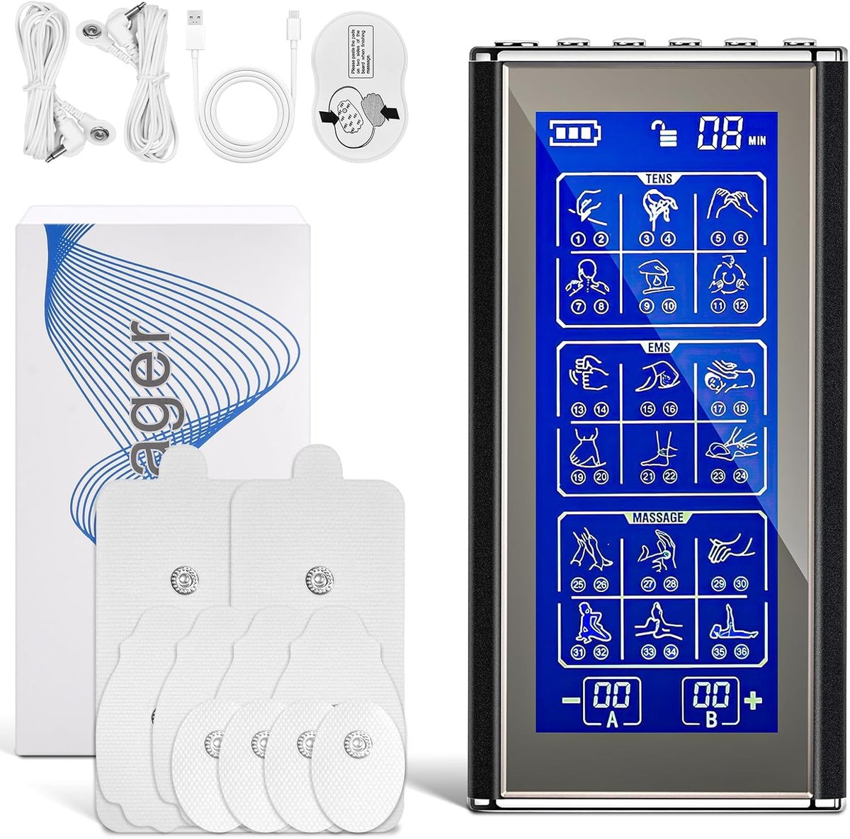 Spierstimulator 3-IN-1 TENS EMS – spierstimulator met 36 programma's en 20 instelbare intensiteiten – elektrische stimulatie met 10 elektroden – voor pijnverlichting en warmte-massage.