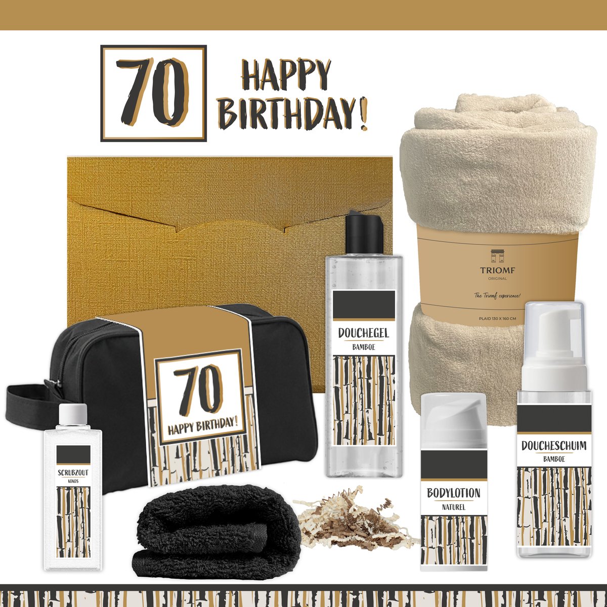Geschenkset “70 Happy Birthday!” - 7 producten - 1390 gram | Giftset voor hem Vader Papa Zeventig jaar Cadeau Luxe Wellness Pakket Man Speciaal Cadeaupakket Doos Handdoeken Fleecedeken Geschenk Cadeaudoos Verjaardag Vriend Gift Set Douche Beige Goud