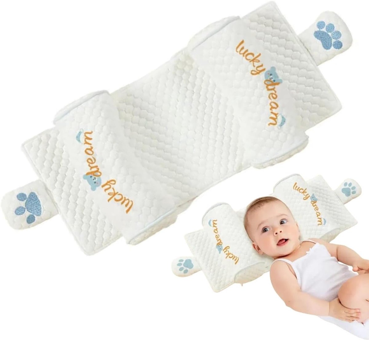 Baby Kussen - Baby Hoofdkussen - Tegen Plat Hoofd - Ergonomisch- Ademend Babykussen - voor 0-18 Maanden - 100% Katoenen Reiskussen - voor Wieg, Kinderwagen & Autostoel - Voorkomt Afgeplat Hoofdje - Wasmachinebestendig - Blauw / Veelkleurig