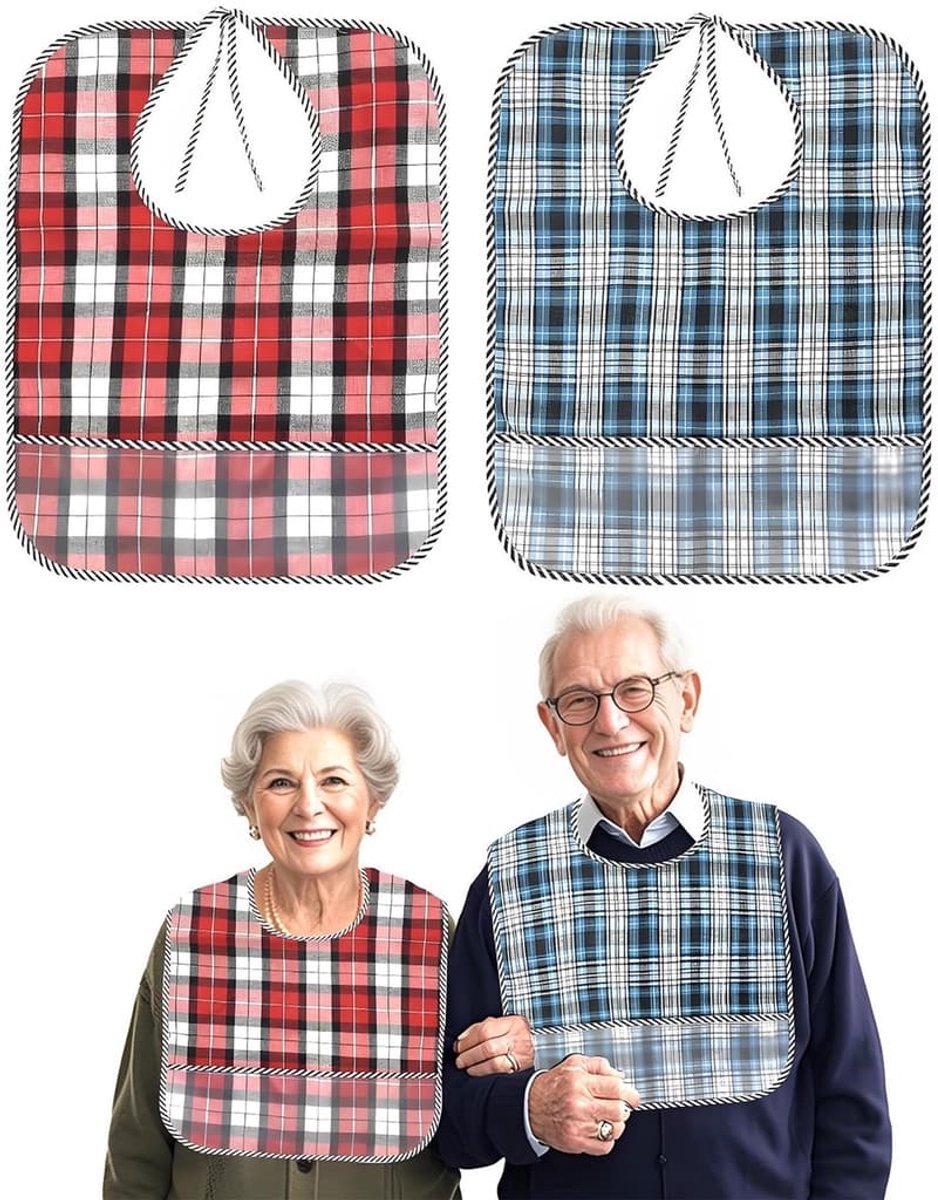 Slabbetjes voor volwassenen, unisex, 2-delige waterdichte en herbruikbare set, inclusief een opvangzakje voor etensresten om kleding te beschermen, geschikt voor volwassenen, ouderen, enz.