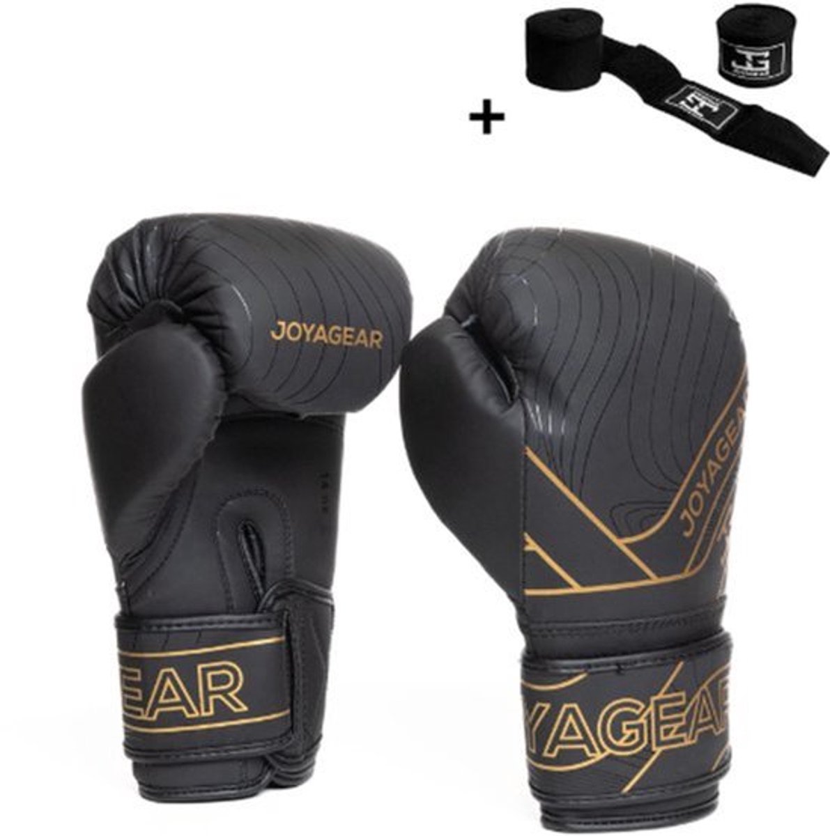 Joyagear ESSENTIAL Bokshandschoenen – Zwart/Goud – 16 oz – Kickbokshandschoenen met Klittenbandsluiting – Inclusief Bandage
