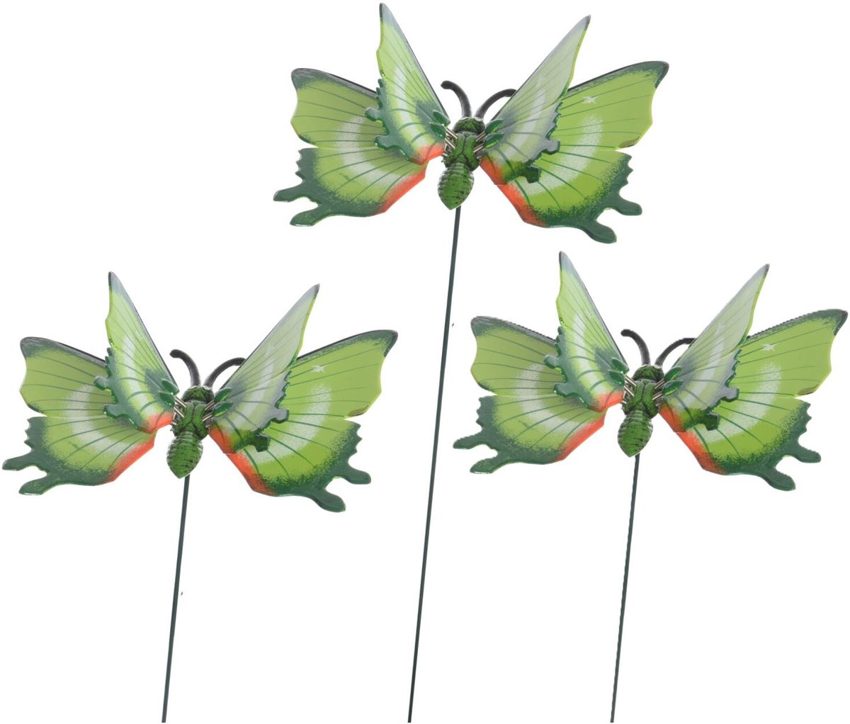 Decoris tuin deco vlinder op stok - 3x - groen - metaal - 17 x 60 cm - dieren decoraties - bewegend