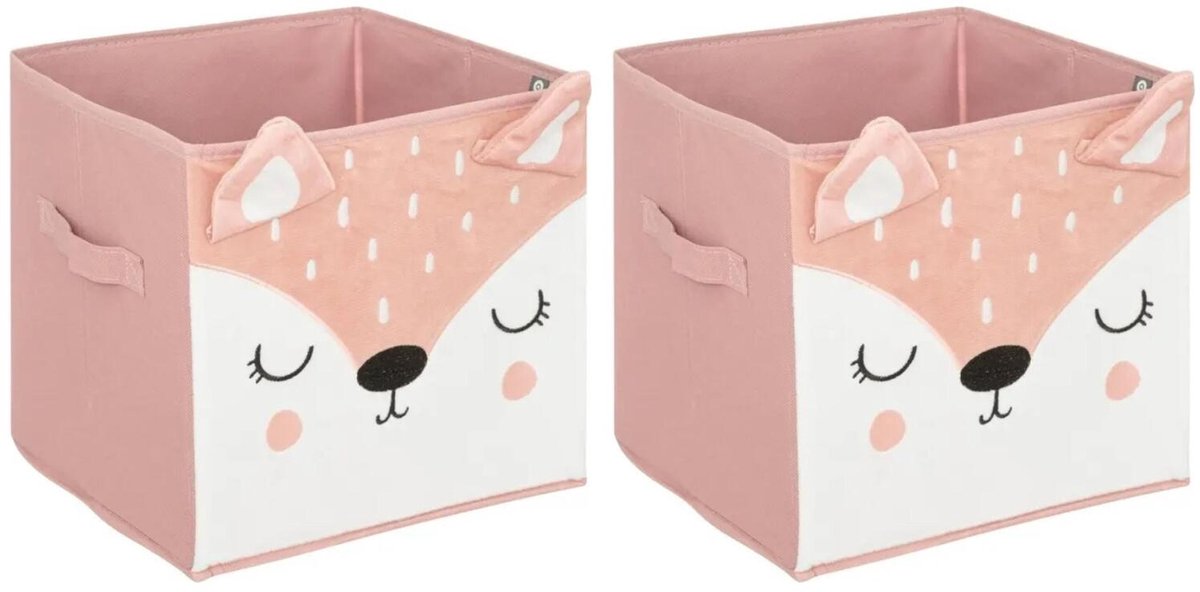 Atmosphera Opbergmand kastmand - 2x - voor kinderkamer - dieren thema hertje - 29 cm - Vakkenkast manden - karton - roze
