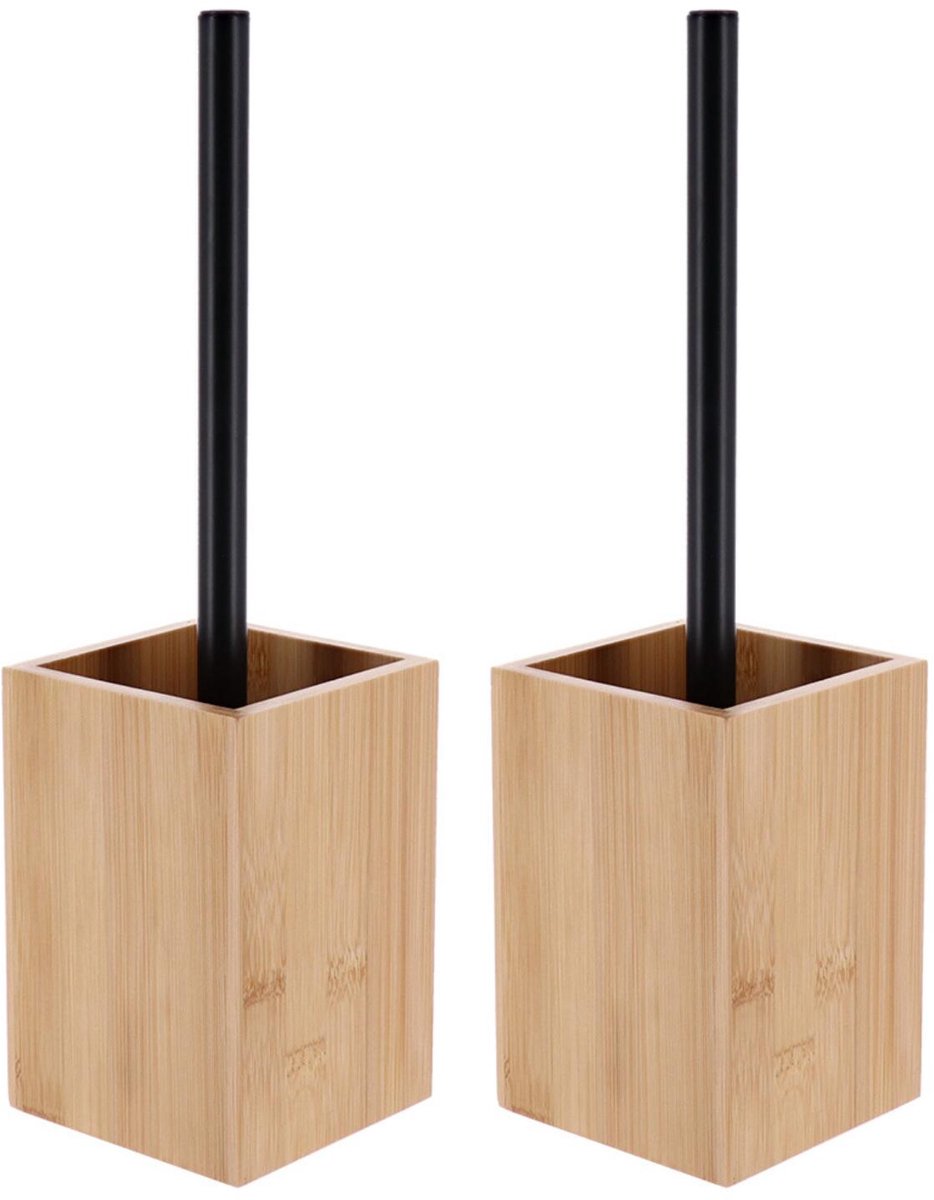 Tendance toiletborstel cuba - 2x - bamboe/staal - vierkant - H35 x D10 cm - wc borstel