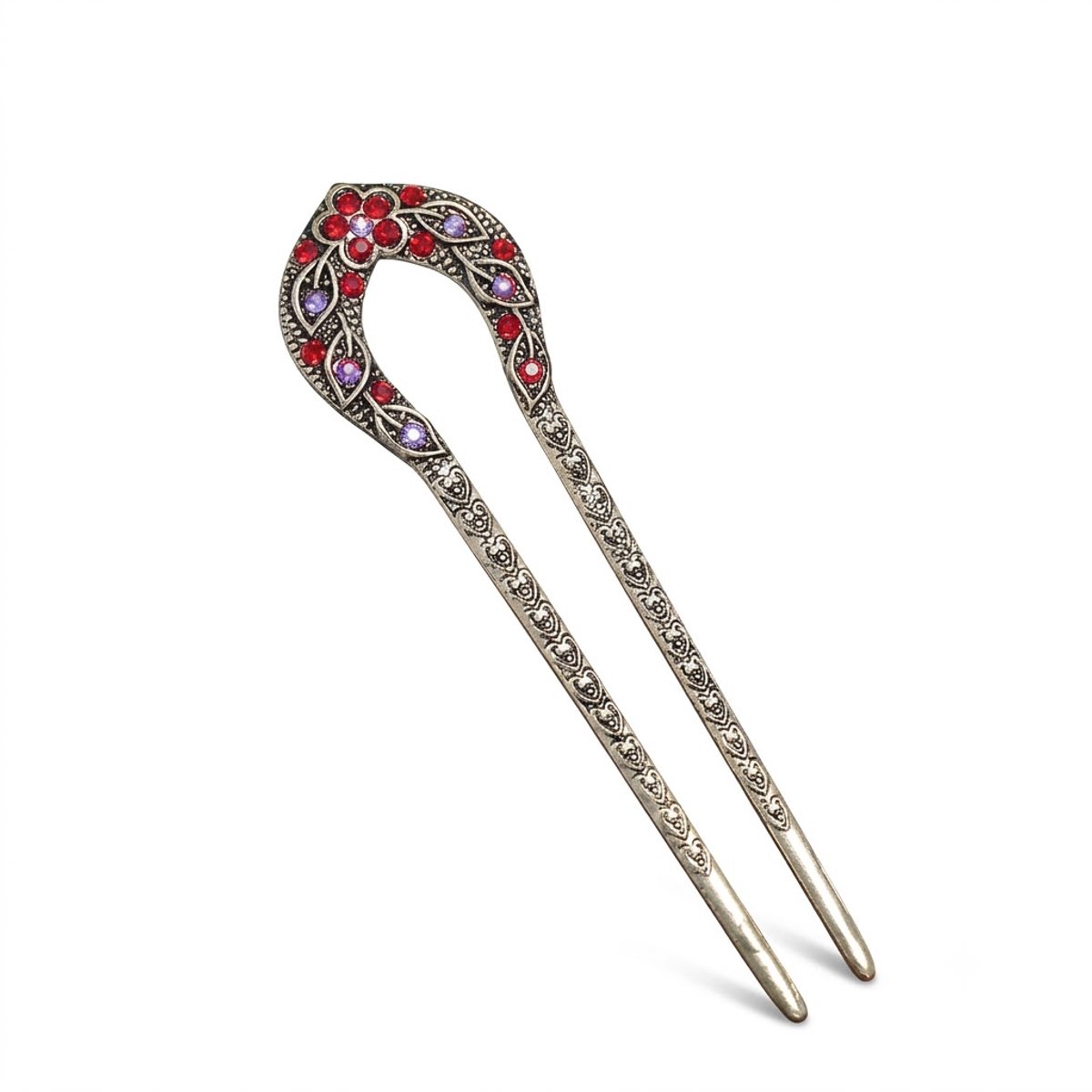 Zilverkleurige haarpin dames vintage U vorm haarpin met rode strass stenen haar stok voor haarknot opsteek kapsel gegraveerd metalen haar accessoire