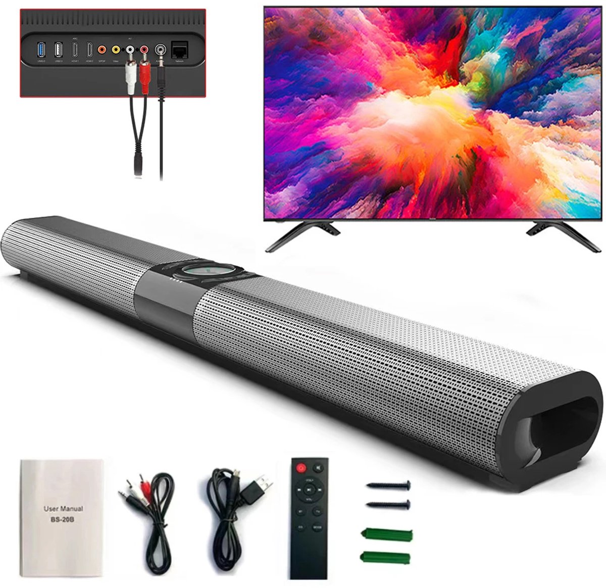 Bluetooth 5.0 TWS-soundbar voor tv's en thuisbioscoop - Soundbar met draadloze subwoofer – 3D-surroundgeluid – FM-radio – Ingebouwde subwoofer – RGB-verlichte luidspreker – Thuisbioscoopgeluid – Zwart