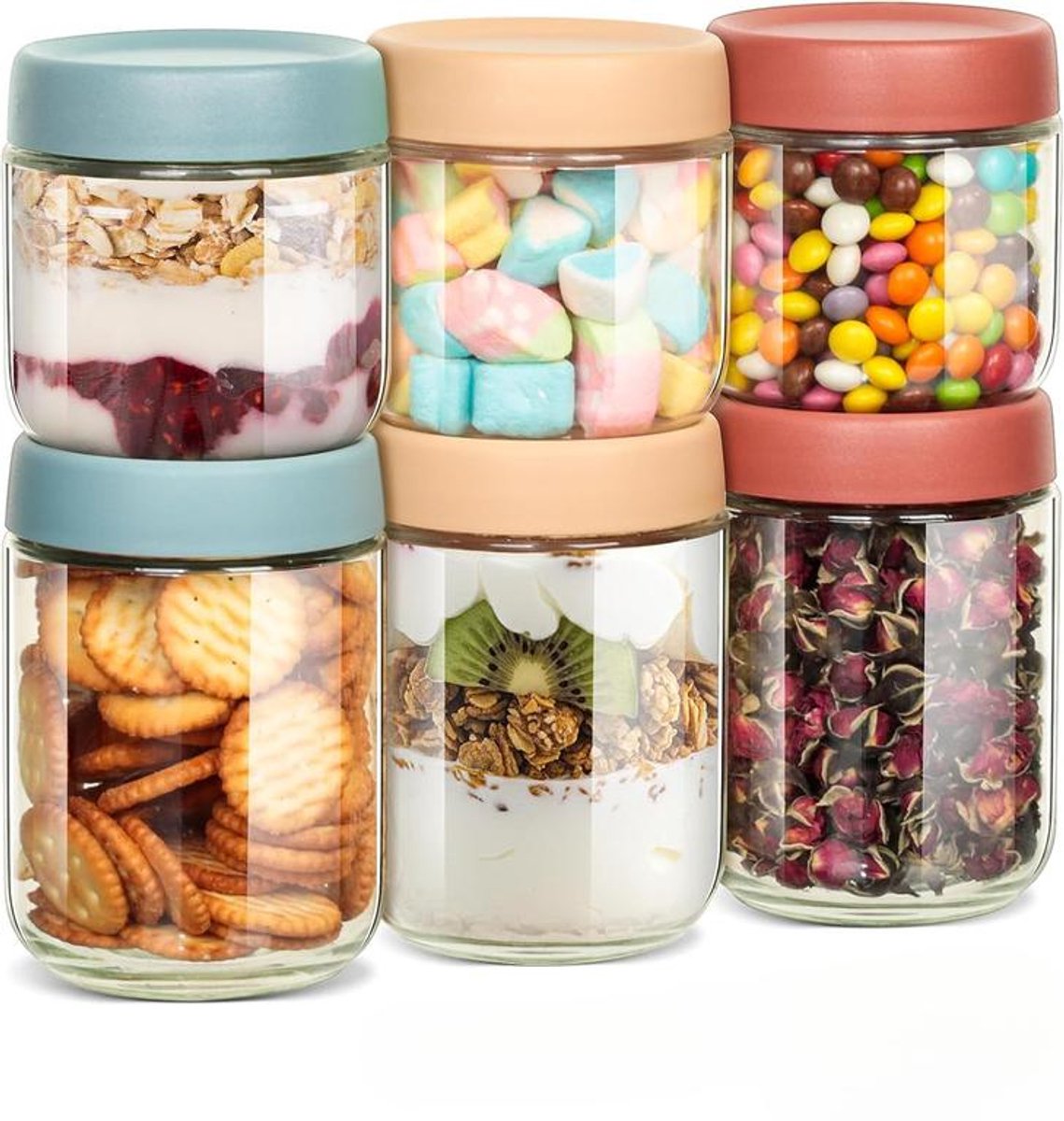 KZQ Glazen pot - Voorraadpotten - Pot voor overnight oats - Set van 6 - Met deksel - 350/480ml (3 each) - Glass Food Containers - Materiaal van voedselkwaliteit - Geschikt voor het maken van overnight oats en yoghurt.