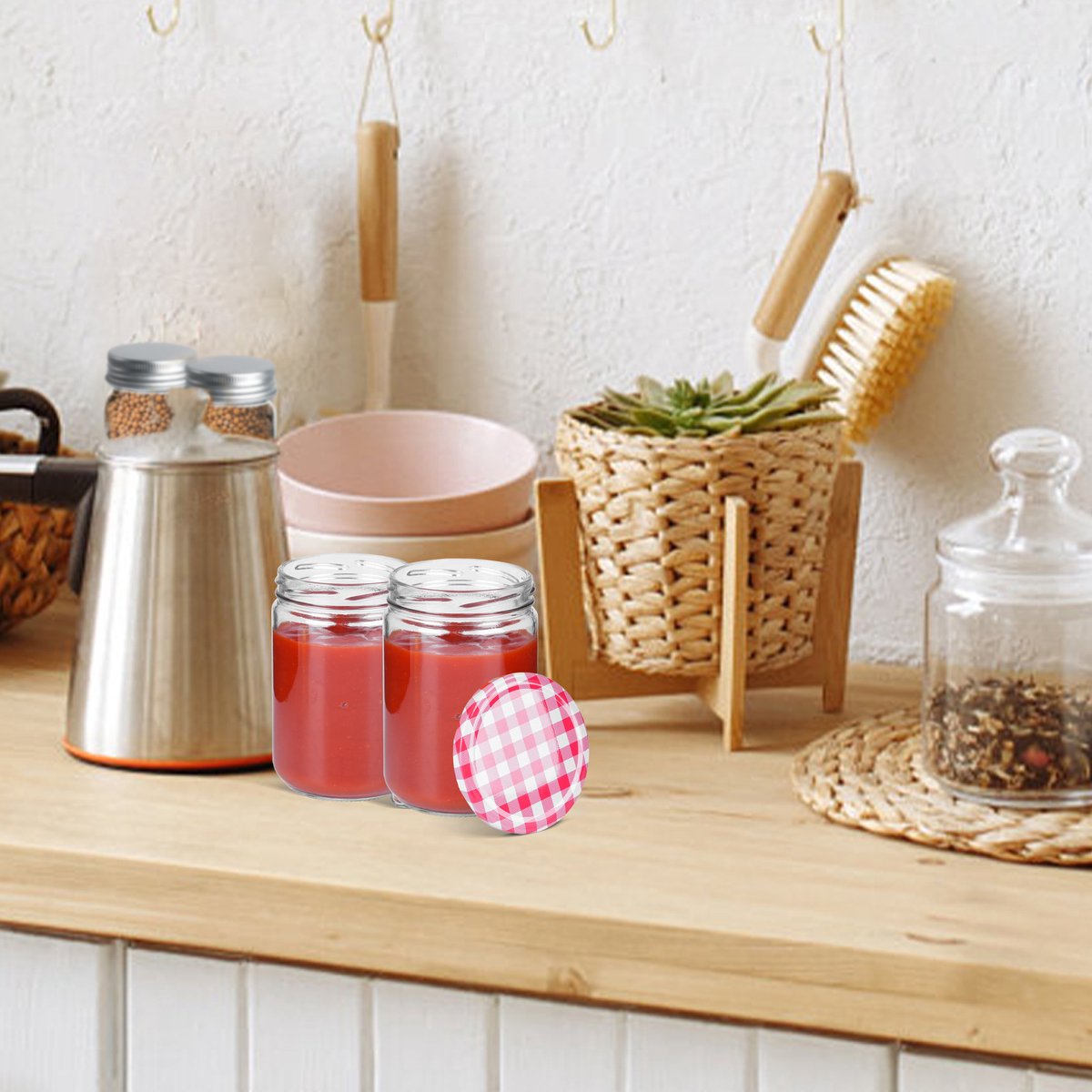Froadp 240ML Met Deksel Marmeladekruiken 36 Stuks, Glazen Bewaarpotten Set met Etiketten, Stift, Spatel en Vork voor Voedselopslag, DIY, Cadeaus, Decoratie - Rood
