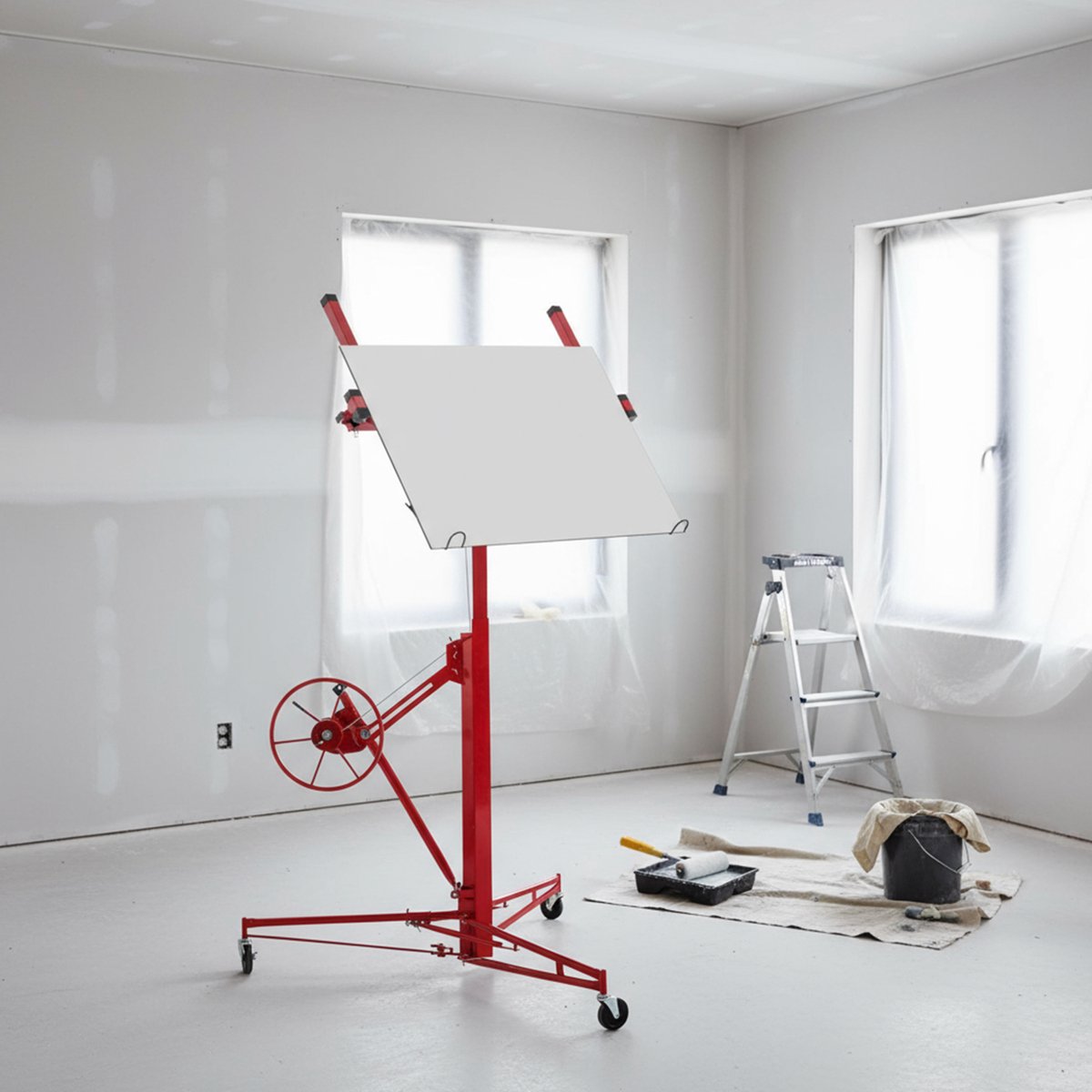 REDOM - Platenheffer voor gipskarton - Verstelbare werkhoogte en 60° kanteling - Klapbaar met 3 remwielen - Voor plafond- en wandmontage - Metaal - Rood - 140-350 cm