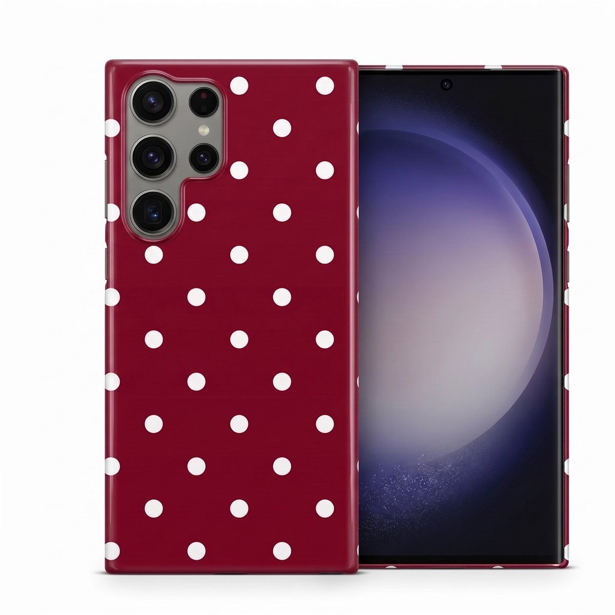 Hoesje geschikt voor Samsung Galaxy S23 Ultra – Polka Dots – Exclusief Design – Polycarbonaat – Bordeaux en Wit