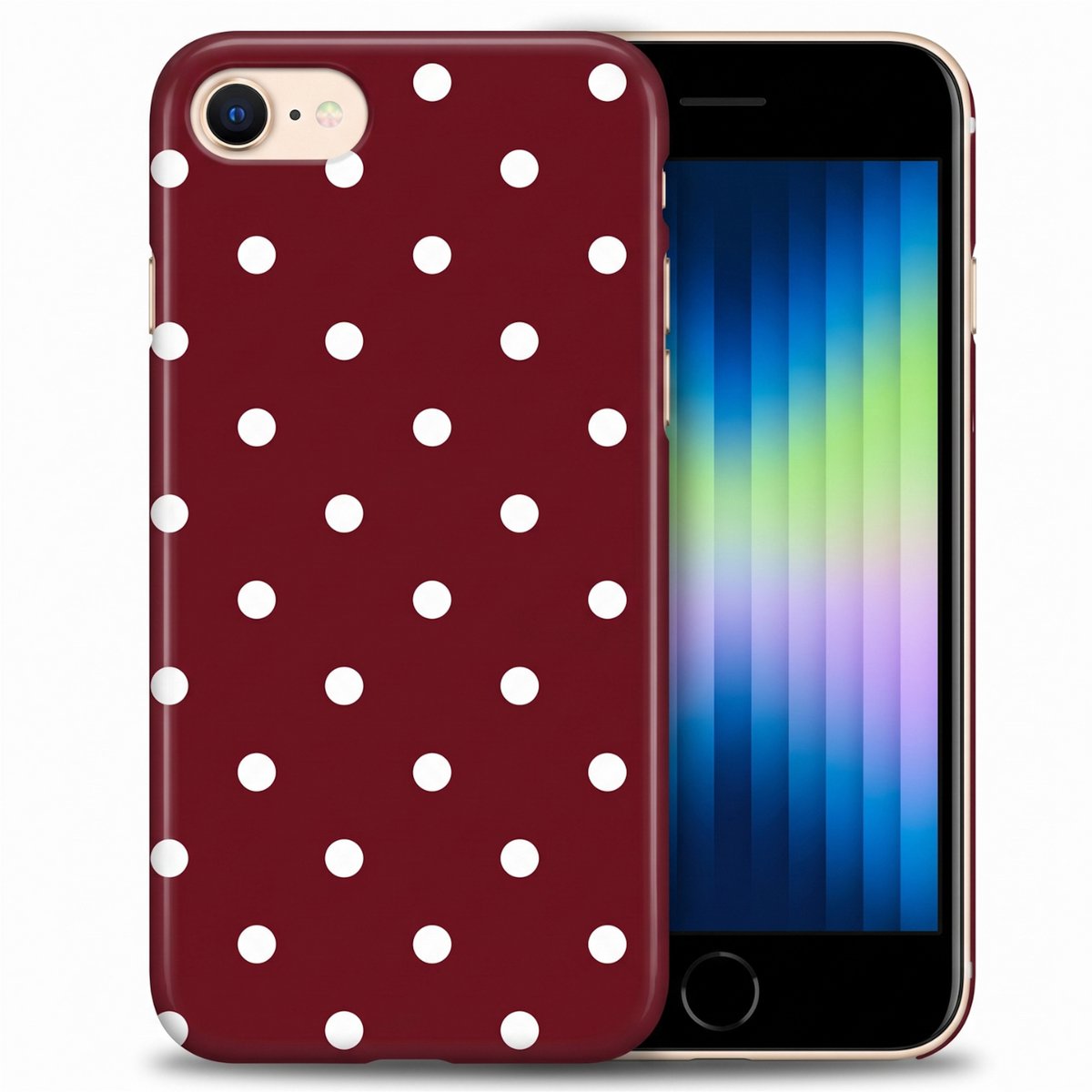 Hoesje geschikt voor iPhone SE 2022 / SE 2020 / 8 / 7 – Polka Dots – Exclusief Design – Polycarbonaat – Bordeaux en Wit