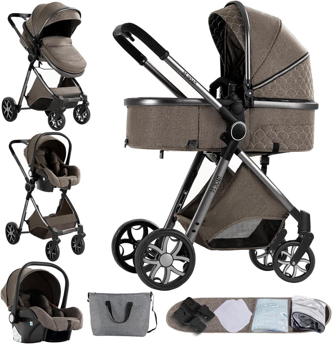 3-in-1 Kinderwagen - Reiswieg Kinderwagen - Baby Vervoeren - Omkeerbaar Zicht - 82 x 61 x 105 cm - Chocoladebruin