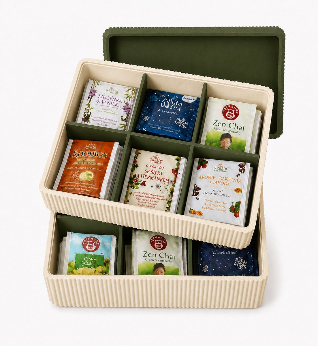 Tea Collection – Theedoos met Vakjes – Theezakjes Organizer – Geribbeld Design – Inclusief Deksel en 2 lagen