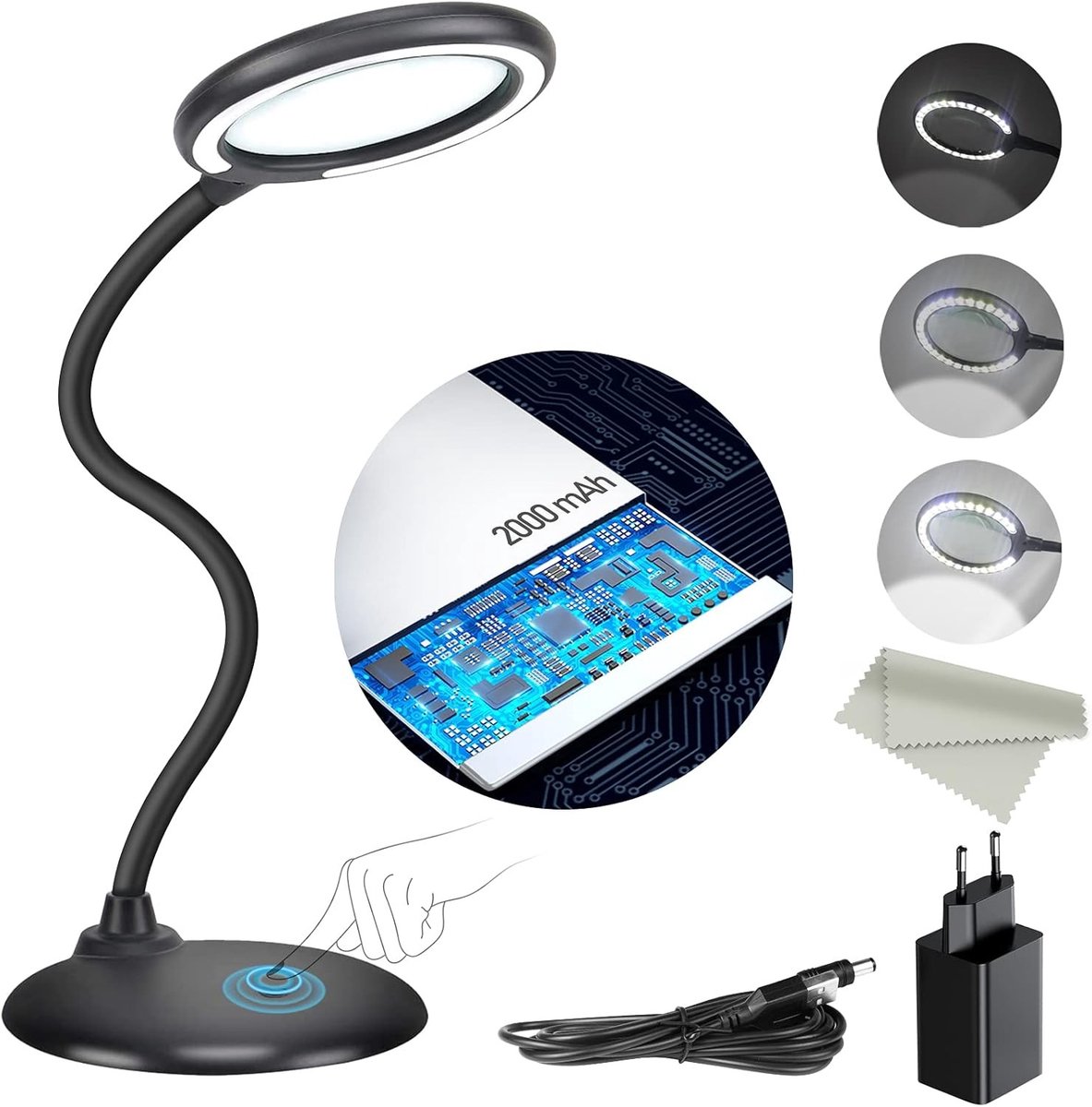 Oplaadbare Vergrootglas Bureaulamp - Zwart - 5-voudige Vergroting - Dimbaar met Touch-schakelaar - Voor Werk en Hobby's