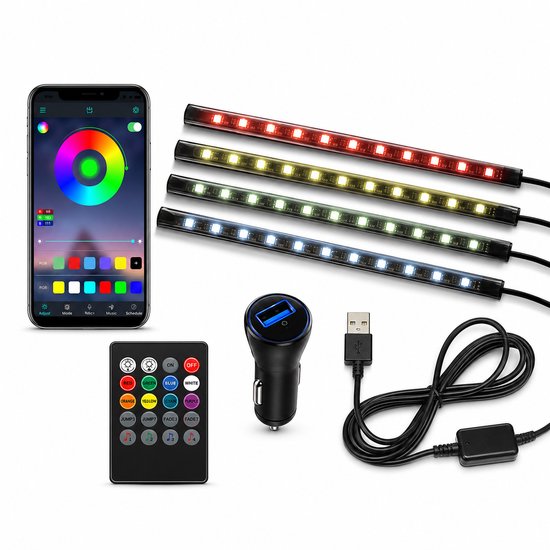 LED Strip Auto - RGB Interieurverlichting - 4 Strips - USB/12V aansluiting - Bediening via App én Afstandsbediening - Multicolor - Muzieksynchronisatie