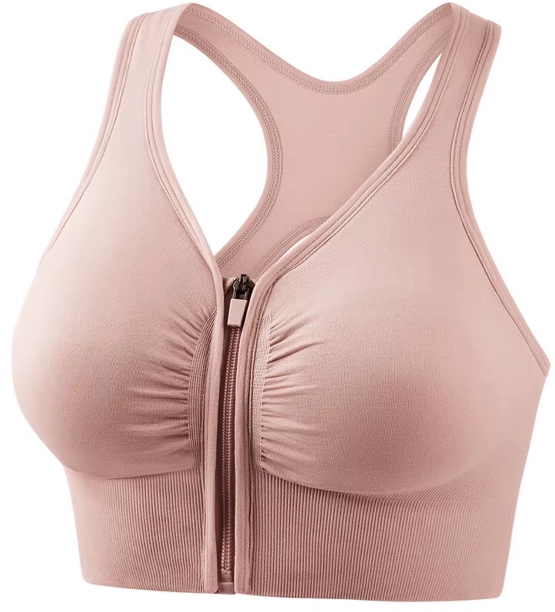 Sport BH Dames met Voorsluiting Rits – Draadloze Push-Up Sport Bh, High Support Hardloop BH, Naadloze Fitness BH voor Yoga en Training - Beige - Maat XXL