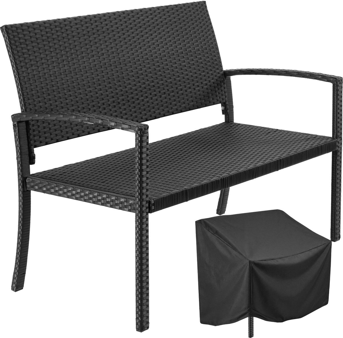 tectake® Wicker Tuinbank - 2 Personen - 125 x 62,5 x 90 cm - Draagkracht 250 kg - Inclusief Hoes - Weerbestendig en Waterdicht - 2 Zits Bank voor Tuin, Balkon en Terras - Zwart