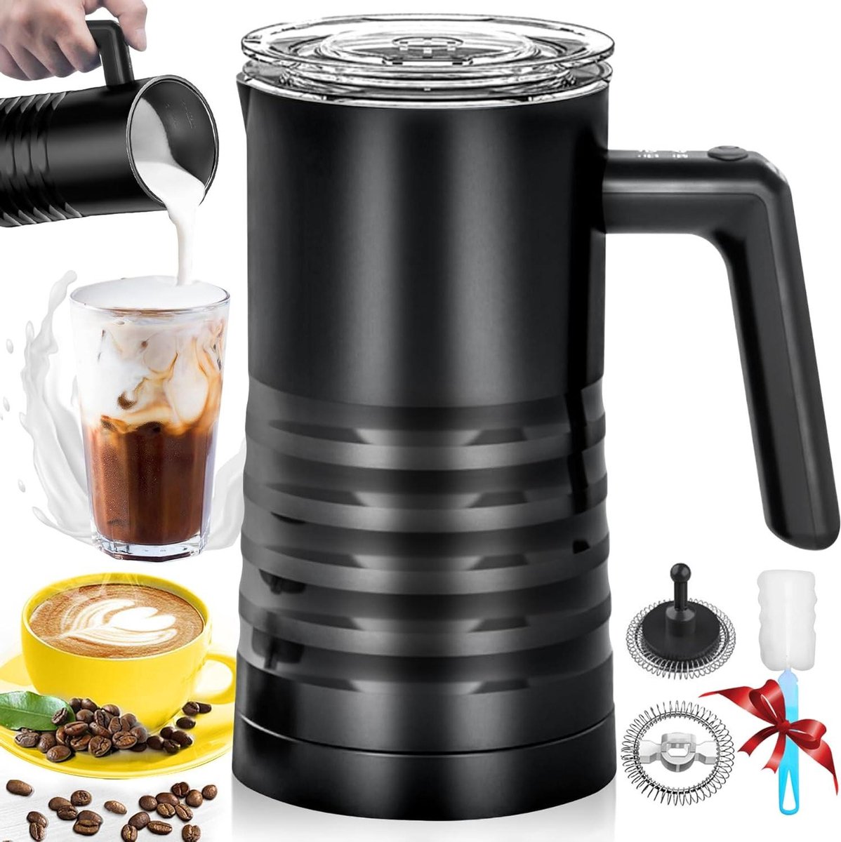 Elektrische Melkopschuimer Melkwarmer Cappuccino Maker Koffie Bereiden 4-in-1 Functie 580 ml Zwart