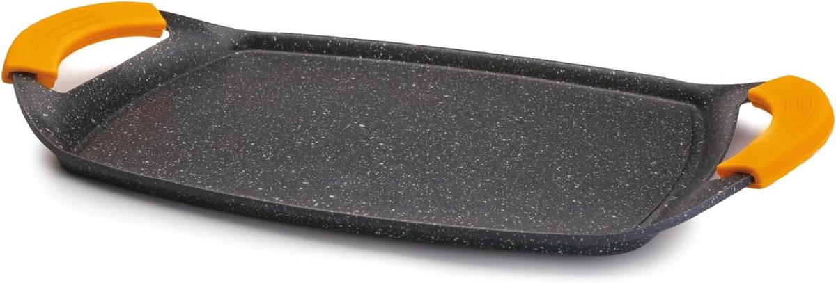 Grillplaat Basic Stone - Gegoten Aluminium Plaat - Lekker Koken - Antiaanbak Steenmotief - 36 x 23 cm - Zwart/Oranje