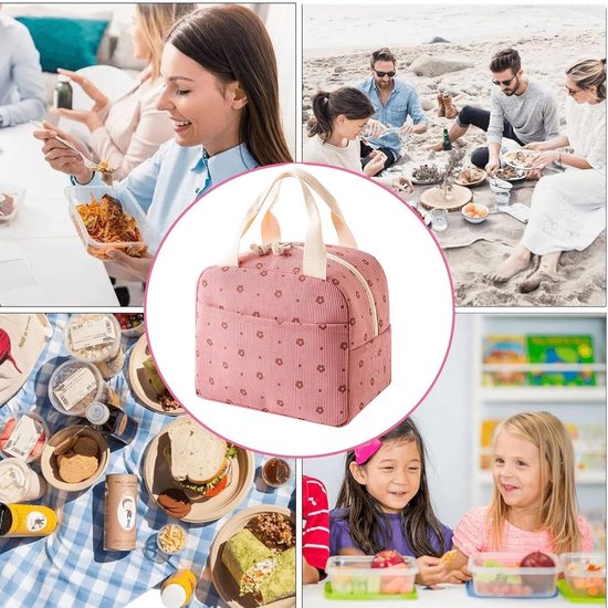 Geïsoleerde lunchtas, dameshandtas, corduroy lunchtas, universele corduroy lunchtas, geschikt voor werk, school, picknicks, enz., draagbaar en praktisch,Zwart-wit geblokt — afbeelding 3