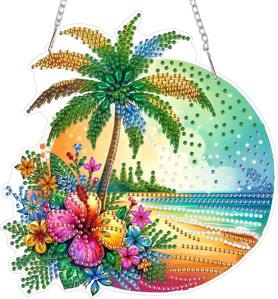 5D Diamond Painting hanger, zomer, strand, diamond painting met ketting, voor kinderen en volwassenen, landschap, diamantschilderij, raamafbeeldingen, hangend ornament, knutselset voor