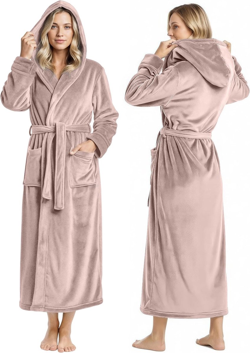 Threads Women's Fleece Hooded Bathrobe Plush Long Spa Robe, Medium, Taupe