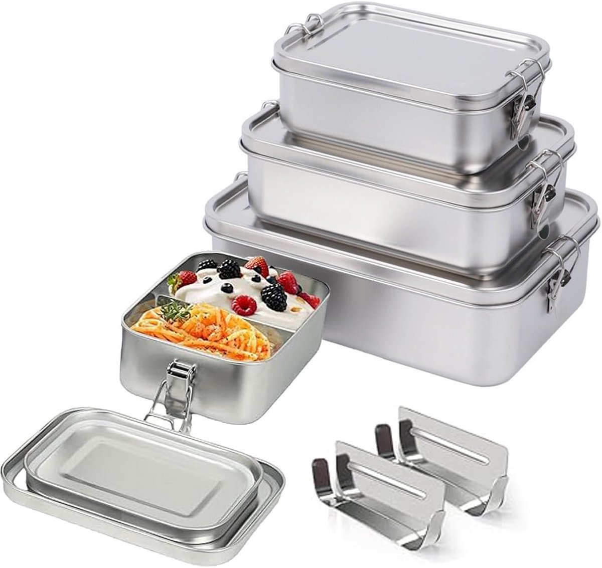 4 stuks broodtrommel 304 roestvrij staal, met lunchbox in het volume 550 x 2/850/1400 ml, Bento boxen met vakken, kantoor, picknick, vaatwasmachinebestendig
