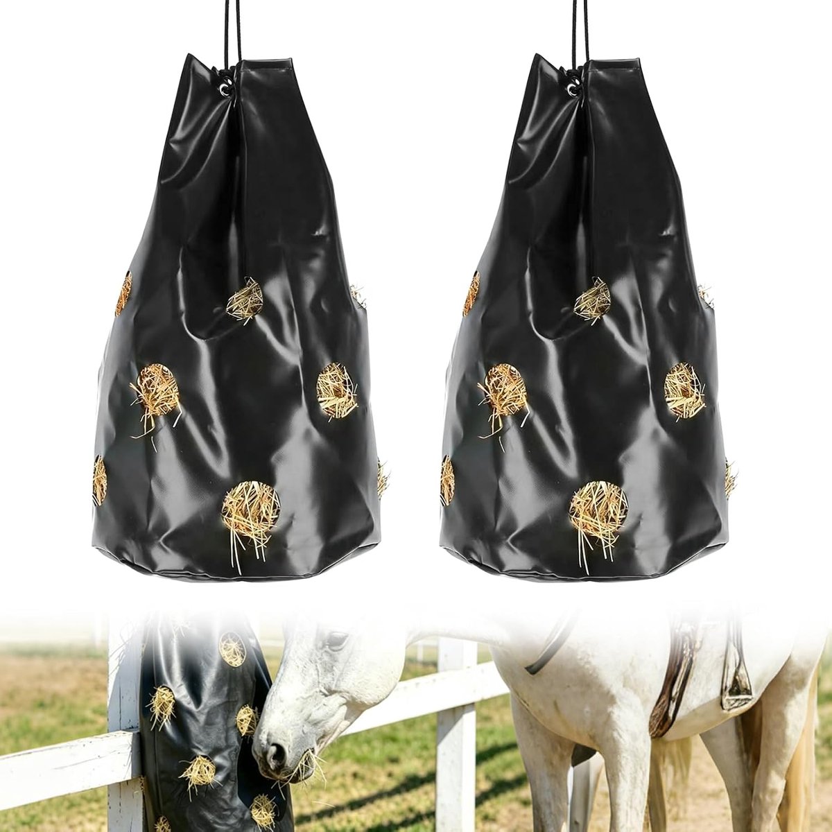 2 Delige Set Hooizakken voor Paarden 40x70cm, Voerzak 16Voeropeningen(Ø8mm) | Hooizak voor Gecontroleerde Voeropname, Stevig PVC Materiaal, Stal- en Weideaccessoire voor Paarden en Schapen