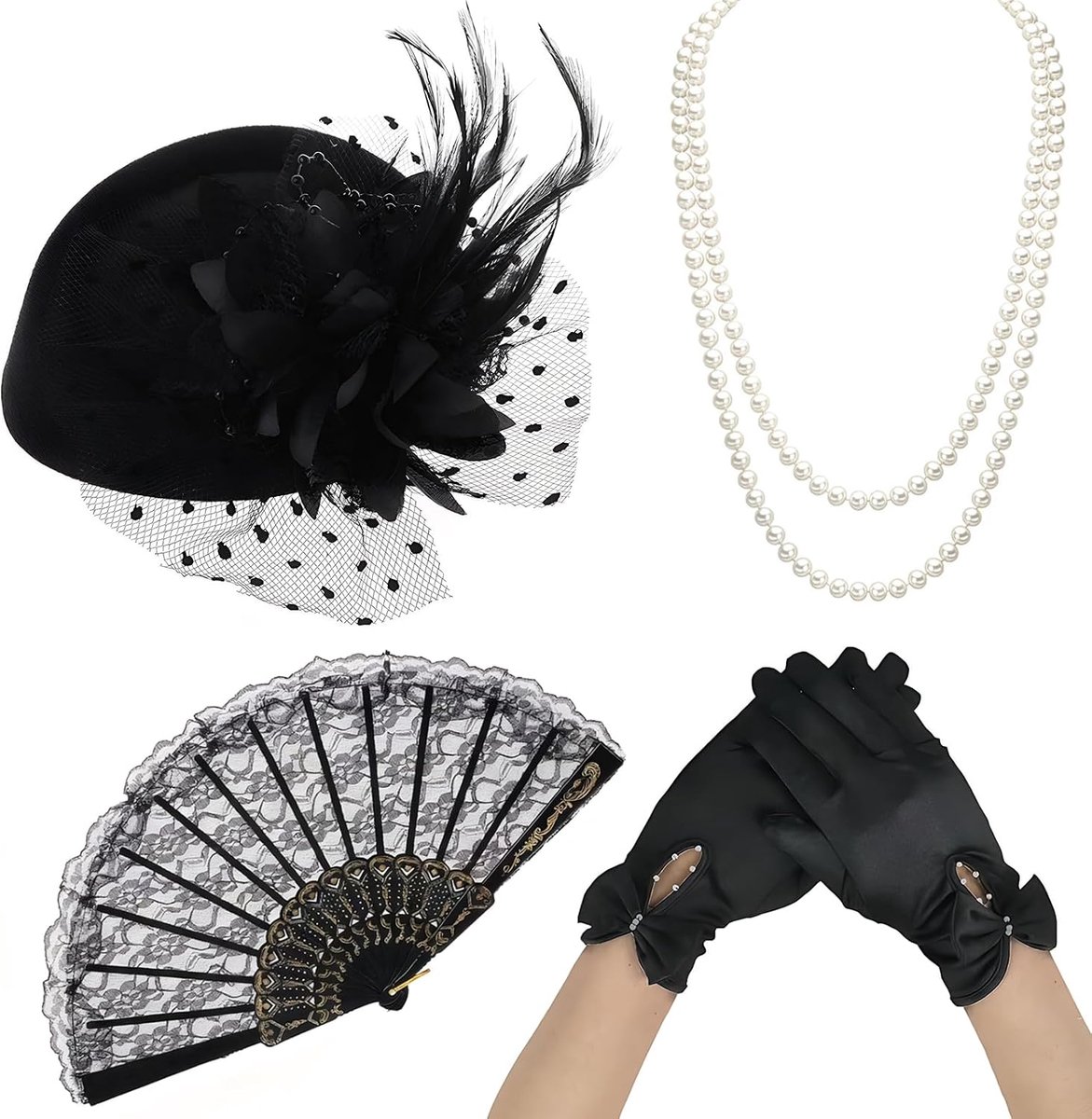 4 stuks jaren 20 accessoires voor dames, Great Gatsby, met vintage hoofdtooi, kanten handschoenen, parelketting, orchideeënwaaier voor Halloween, Kerstmis, elegante feesten en eindejaarsbal