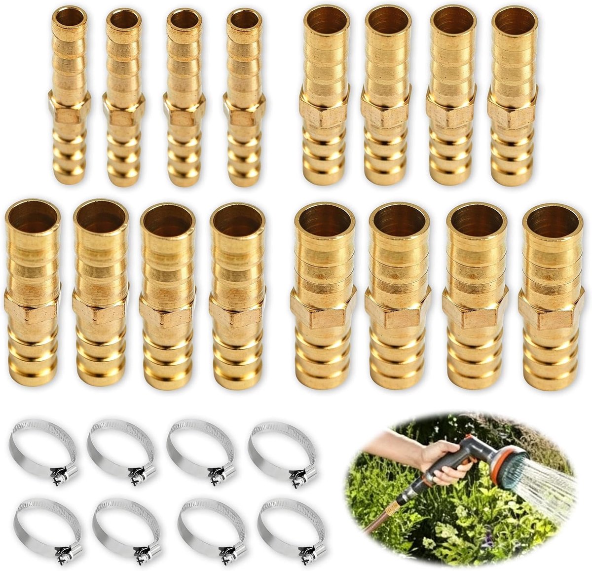 24 Stuks Messing Slangaansluiting, 6/8/10/12 mm Slangverbindingsstuk van Messing, Messings Slangconnector Set met 8 Klemmen voor Luchtleiding Waterleiding
