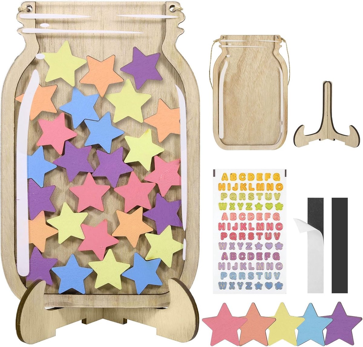 SnelShoppen - Magnetische Beloningspot voor Kinderen met 30 Sterren en Stickers | Visueel Beloningssysteem voor Goed Gedrag, Houten Beloningskaart met