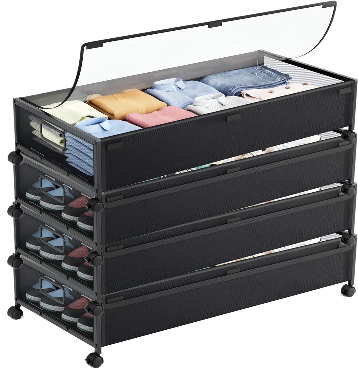 Onderbed opbergboxen set van 4 met wielen - Bedlades met transparant deksel en metalen frame - Voor kleding en schoenen - 80 x 42 x 18 cm - Zwart