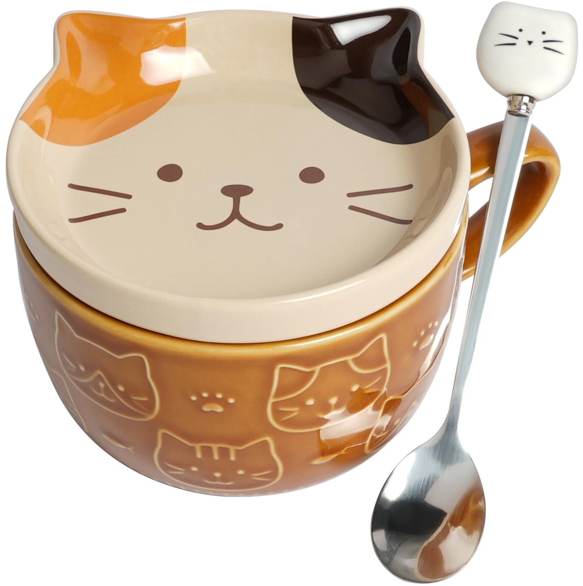 schattige kat mok met deksel, dierlijke thee beker,schattige keramische koffiemok met lepel, melk mok theekop verjaardagscadeau voor vriendin,meisjes,jongens,vrouwen en mannen - bruine