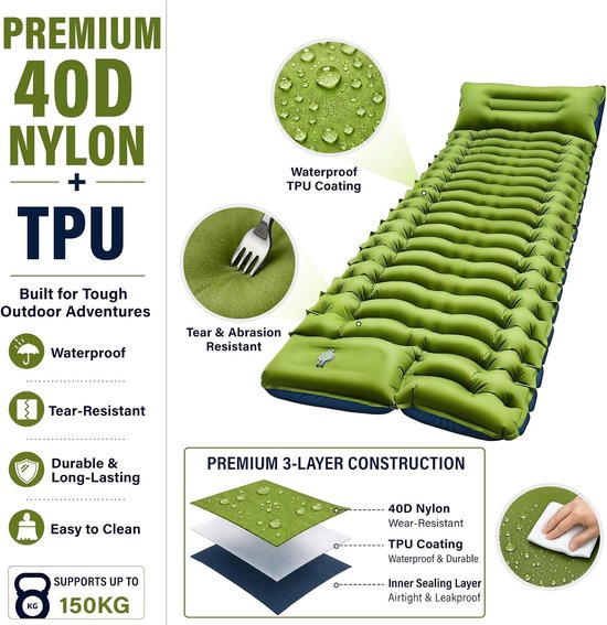 Zelfopblazende campingmat, 8 cm, zelfopblazende isolatiemat met kussen en voetpomp, zelfopblazende matras, waterdicht, luchtmatras voor reizen — afbeelding 3
